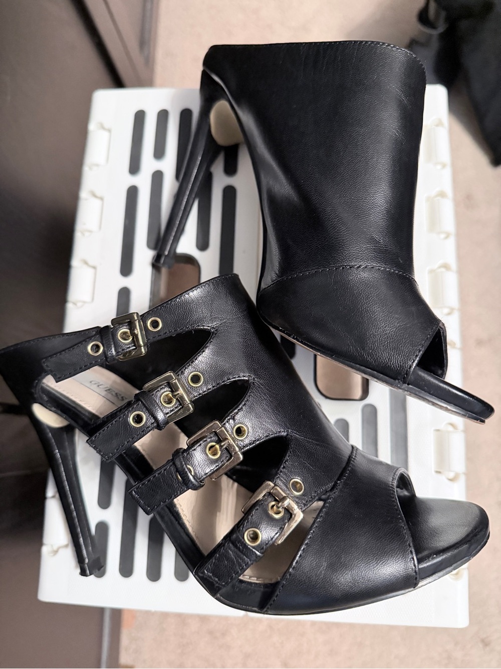 Guess Black Peep-Toe Multi-Buckle Stiletto Heels